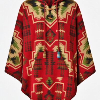 Poncho Etnic cu Glugă și Nasturi – Unisex, Model Geometric Himalayan