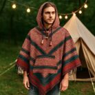 Poncho Etnic Roșu cu Glugă și Nasturi din Lemn – Unisex, Model Tribal Handmade 2