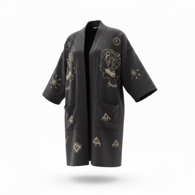 Cardigan boho „Silent Faces” brodat manual – jachetă unicat din  bumbac