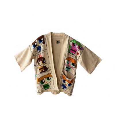 Kimono din cânepă și bumbac, brodat manual Powerpuff Girls