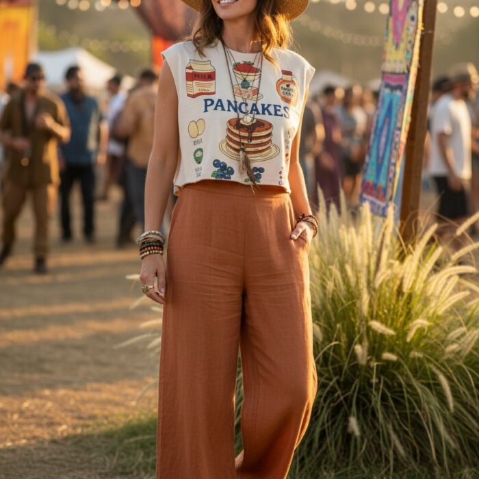 Top-„Pancake Mood” – crop- boho-bumbac-one-size-3