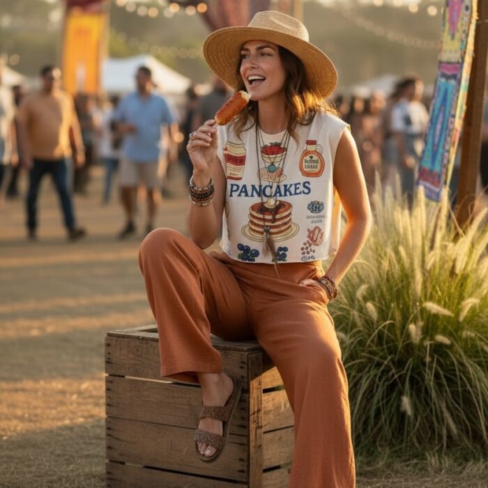 Top-„Pancake Mood” – crop- boho-bumbac-one-size-4