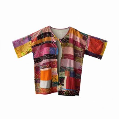 Kimono brodat manual „Patchwork Bunny” din bumbac & cânepă – One Size