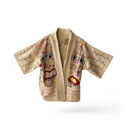 Kimono boho „Color Faces” – brodat manual, unicat din cânepă și bumbac